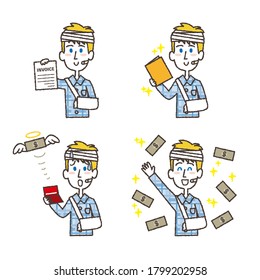 Illustration set of a man who was injured and hospitalized. A man who got a lot of money due to insurance, a man who loses money due to hospitalization, etc. Vector illustration on white background.