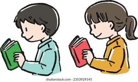 Illustration set of man and woman reading book Profile bust up