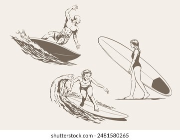 Illustration Set of Man and Women Surfer Hand Drawn Vintage