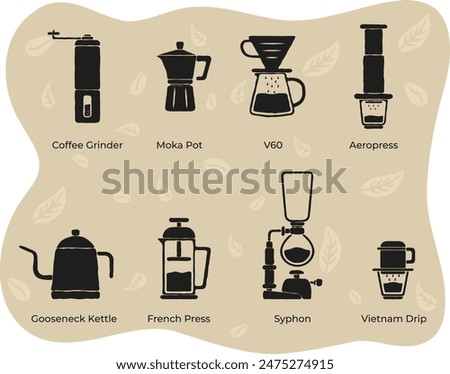 Illustration set of manual brew coffee tools for cafe, business, restaurant. Flat vector design art style.