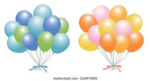 Illustration set of many balloons bundled with ribbon.