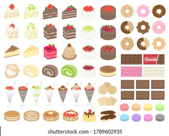 Illustration set of many kinds of sweets.