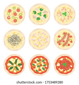 Illustration set of many types of pizza.