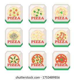 Illustration set of many types of pizza.