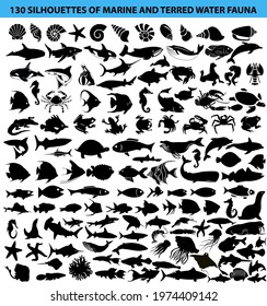 Illustration set of marine and amphibious fauna silhouettes