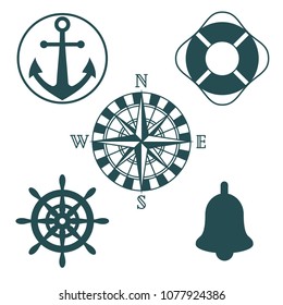 Illustration of set of marine silhouettes. Anchor, boat bell, rose of the winds compass, ship`s wheel, lifebuoy.