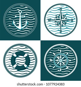 Illustration of set of marine symbols. Anchor, rose of the winds compass, ship`s wheel, lifebuoy with waves and rope circles in blue and white.