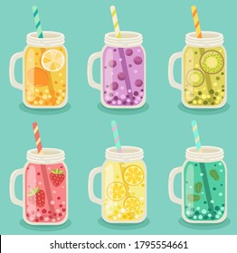 illustration set of mason jar vectors. Summer lemonades with fruits: lemon, kiwi, orange, strawberries, mint, blueberries isolated on blue background.