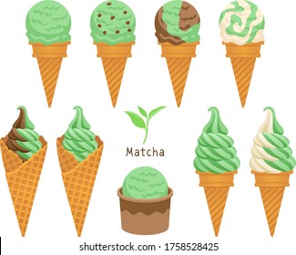 Illustration set of matcha flavored ice cream and soft serve ice cream