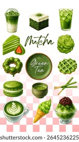 illustration set of matcha green tea desserts and drinks, including Japanese sweets, ice cream, cake, and latte in watercolor style. Perfect for tea lovers, food bloggers
