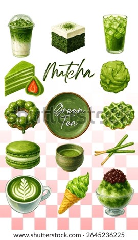 illustration set of matcha green tea desserts and drinks, including Japanese sweets, ice cream, cake, and latte in watercolor style. Perfect for tea lovers, food bloggers