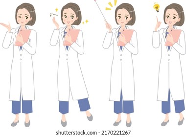 Illustration set material of a female doctor holding a tablet