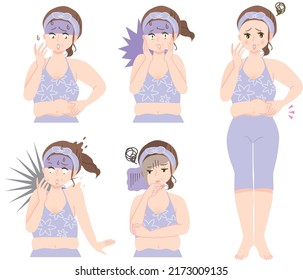 Illustration set material of a woman who is fat and shocked