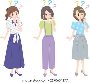 Illustration set material of a young woman wondering