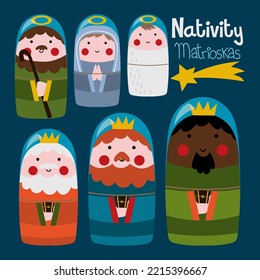 Illustration of a set of matryoshka dolls representing Nativity characters