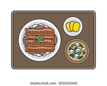 Illustration of a set meal of eel bowl.