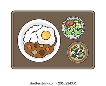 Illustration of a set meal of egg curry rice.