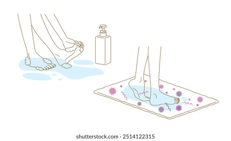 Illustration set of measures against athlete's foot: washing your feet with soap, using a bath mat with tinea fungus growing on it