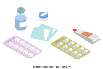 Illustration set of medicines such as tablets, capsules and ointments isometric