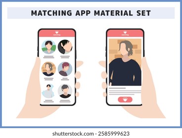 Illustration set of men lining up on a matching app list page profile page