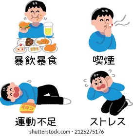 Illustration set of men living an unhealthy and unhealthy life