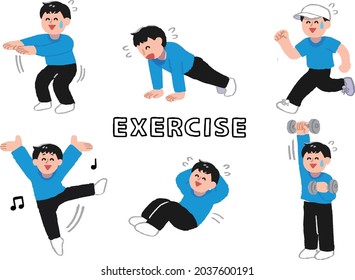 Illustration set of men in plain clothes who exercise happily and train their bodies