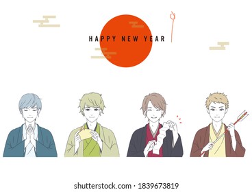 An illustration set of  men who went to a New Year's visit to make wishes. Vector.