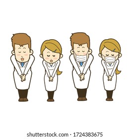 Illustration set of men and women bowing. Wearing white coat and mask. Vector illustration on white background.