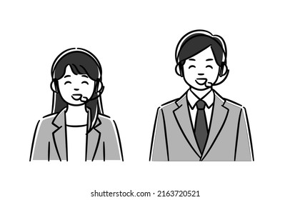 It is a ｍonochrome illustration set of men and women in the call center.Vector data that is easy to edit.
