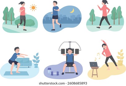 Illustration set of men and women doing aerobic exercise and muscle training