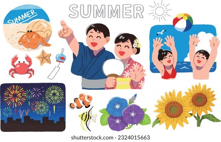 Illustration set of men and women enjoying summer