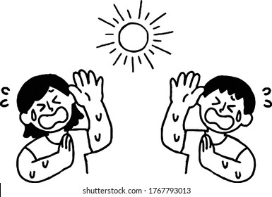 Illustration set of men and women exposed to the heat of the sun and ultraviolet rays