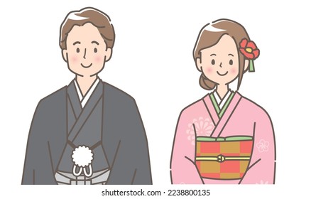 Illustration set of men and women in kimono