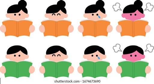 Illustration set of men and women reading books 