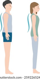 An illustration set of men and women standing in an ideal posture with an S-shaped curve in the spine