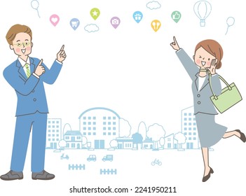 Illustration set of men and women in suits and cityscape