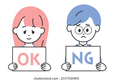 Illustration set of men and women in suits holding ok and ng message boards