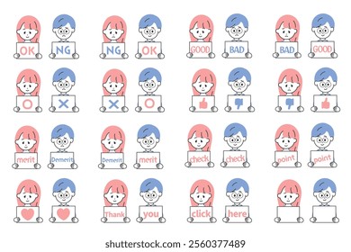 Illustration set of men and women in suits holding message boards