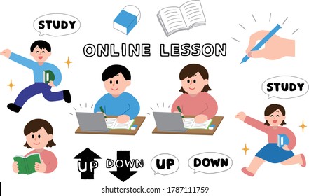 Illustration set of men and women taking online classes