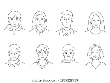 Illustration set of men and women with various faces (white background, vector, cut out, line art)