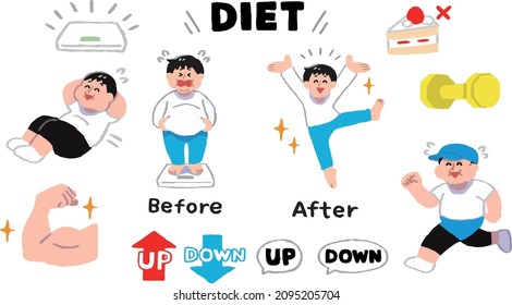 Illustration set of men working on a diet