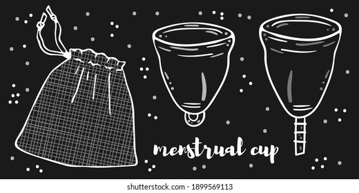 Illustration set of menstrual cups with different ponytails. White outline on a black background. Simple doodle style.