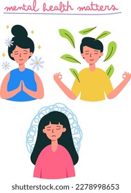 Illustration Set for Mental Health and Self-Care: Meditating and Depressed Emotion. Vector Graphic Depicting Concepts of Mental Health.