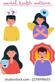 Illustration Set for Mental Health and Self-Care: Confused, Self-Love, Anger, Inner Conflict and Bipolar Emotion. Vector Graphic Depicting Concepts of Mental Health.