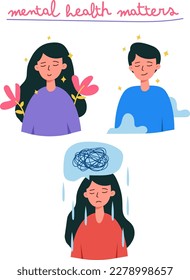 Illustration Set for Mental Health and Self-Care: Confident, Happy and Depressed Emotion. Vector Graphic Depicting Concepts of Mental Health.