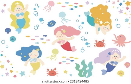 Illustration set in the mermaid princess and the sea