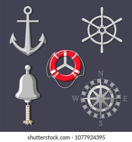 Illustration of set of metal marine symbols. Anchor, bell, rose of the winds compass, ship`s wheel, lifebuoy