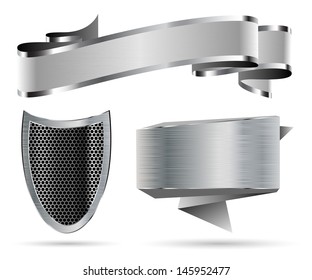 Illustration Set Of Metal Shield, Ribbon, Banner. Vector.