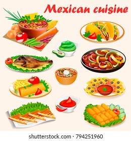 Illustration of a set of Mexican cuisine dishes with soup, dorado fish, buritos, envelopes de poyo, empanadiyas and sauces