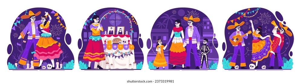 Illustration Set of Mexican Day of the Dead, Dia de Los Muertos. Catrina Dancing and Mariachi Musicians. Family in Traditional Mexican Costumes